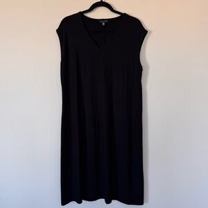 Eileen Fisher Size L Black V-Neck Knit Flex Ponte Dress Sleeveless